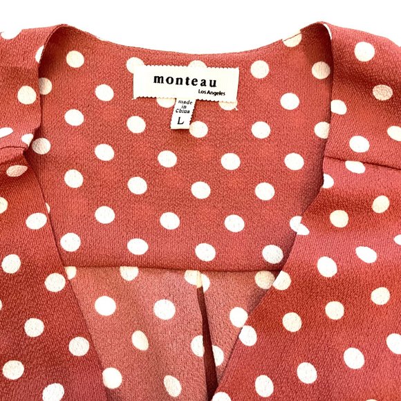 dark salmon pink brown polka dot faux wrap top peplum bottom M L - Picture 3 of 3